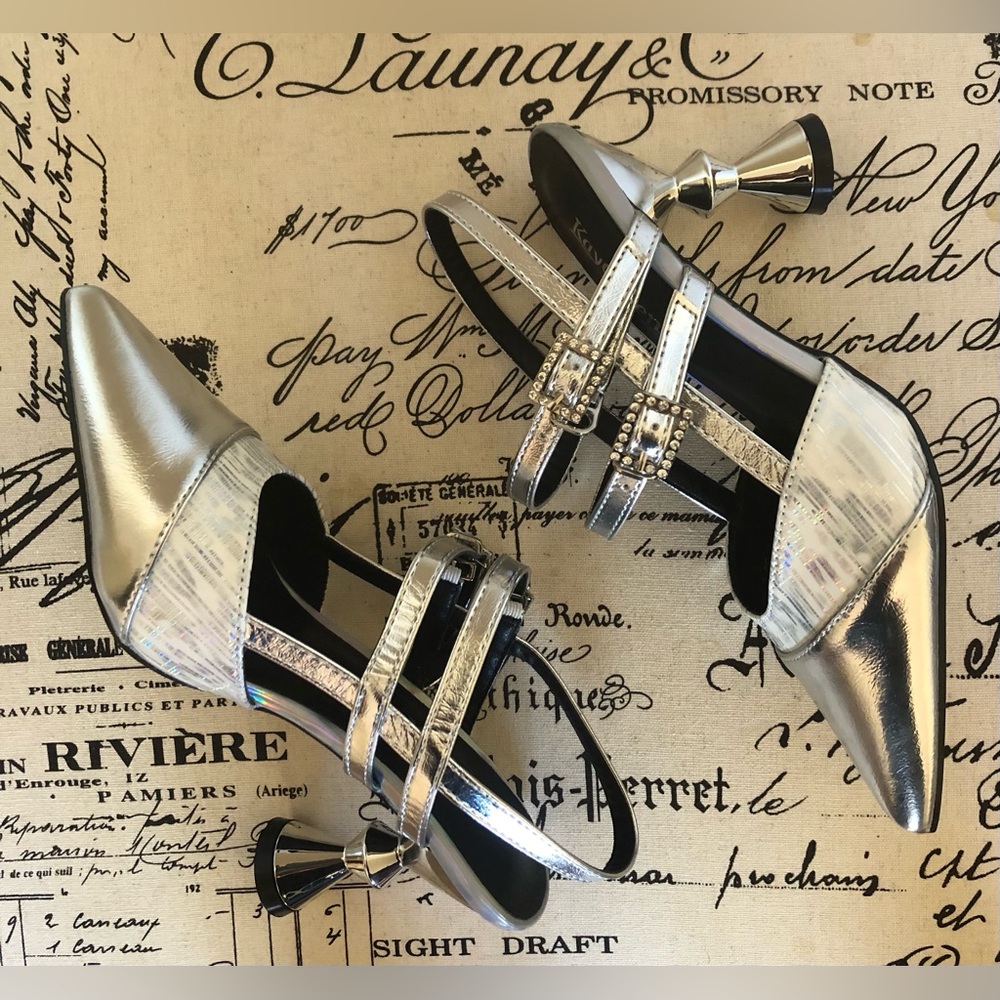 Sizes 5.5-10.5;Slingback; Double Buckle Strap; Pointed Toe;Unique 3” Heel;Silver